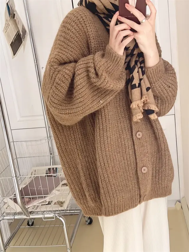 Thick Needle Thickening Cardigan Sweater Baggy Coat Brown - Shop at LoveMi