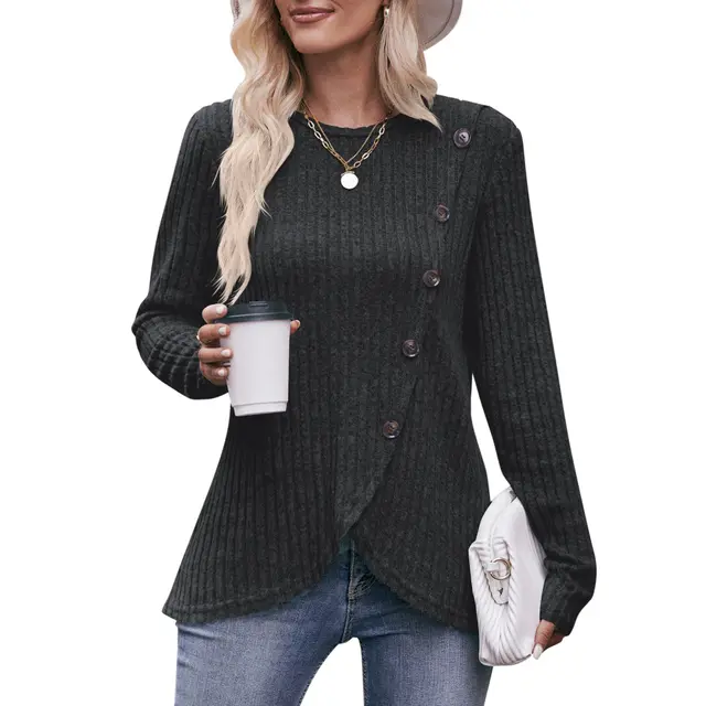 Women's Round neck Sunken Stripe Brushed Tulip Hem Solid Color Button T shirt Black Gray - Shop at LoveMi