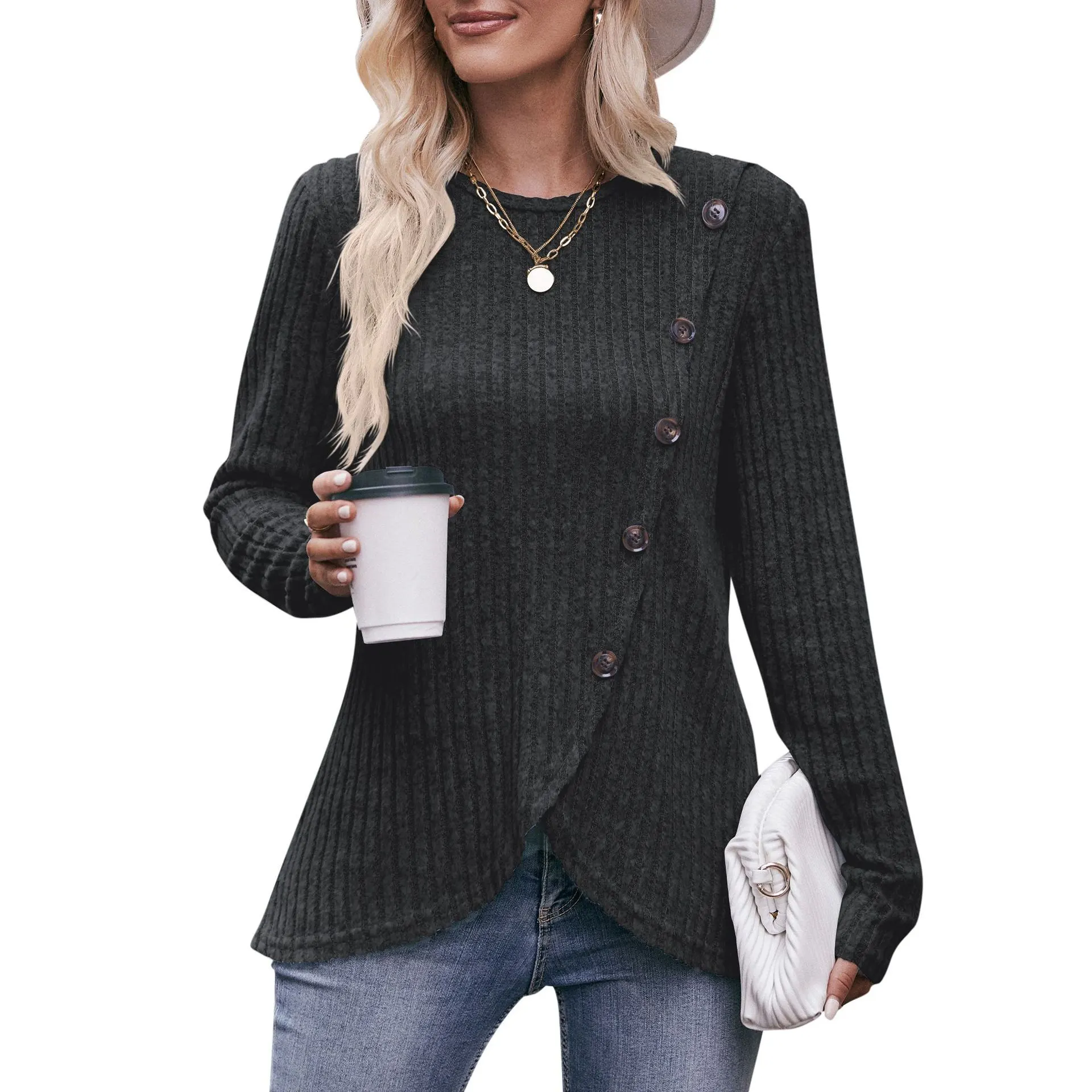 Women's Round-neck Sunken Stripe Brushed Tulip Hem Solid Color Button T-shirt - Black Gray