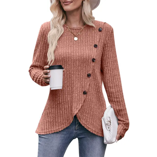 Women's Round neck Sunken Stripe Brushed Tulip Hem Solid Color Button T shirt Coral - Shop at LoveMi