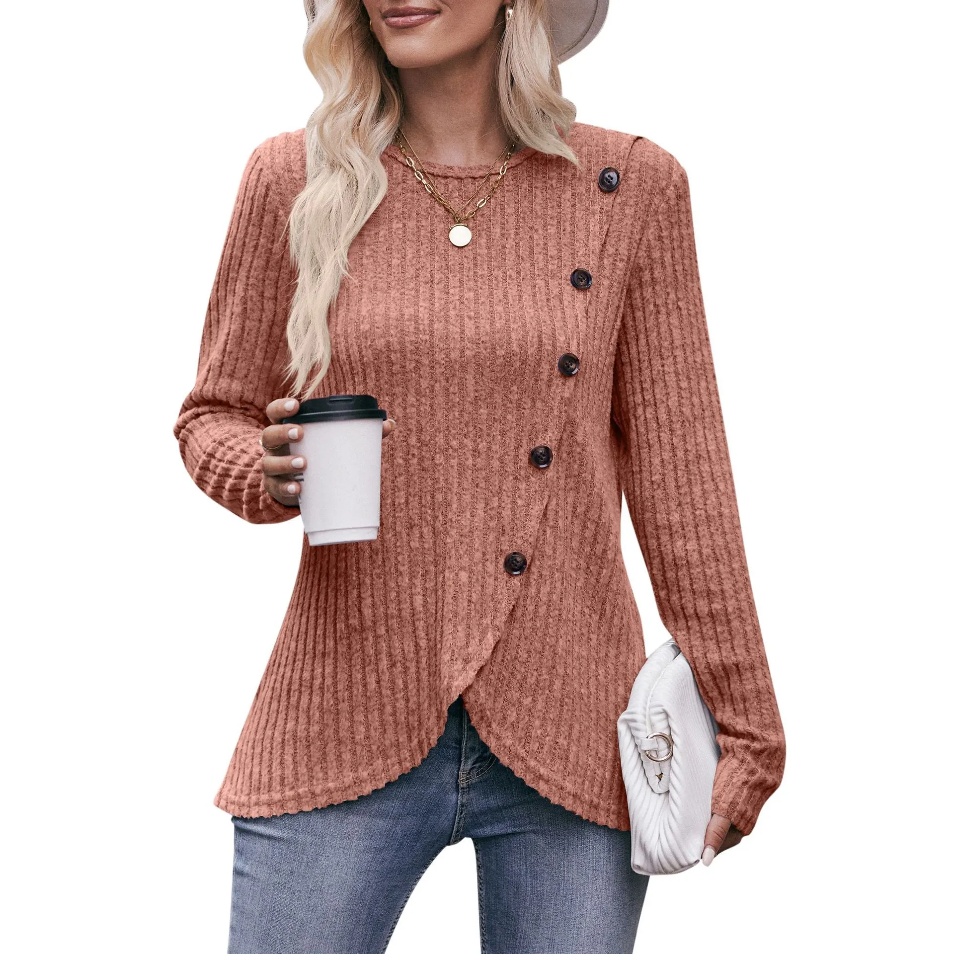 Women's Round-neck Sunken Stripe Brushed Tulip Hem Solid Color Button T-shirt - Coral - View 1