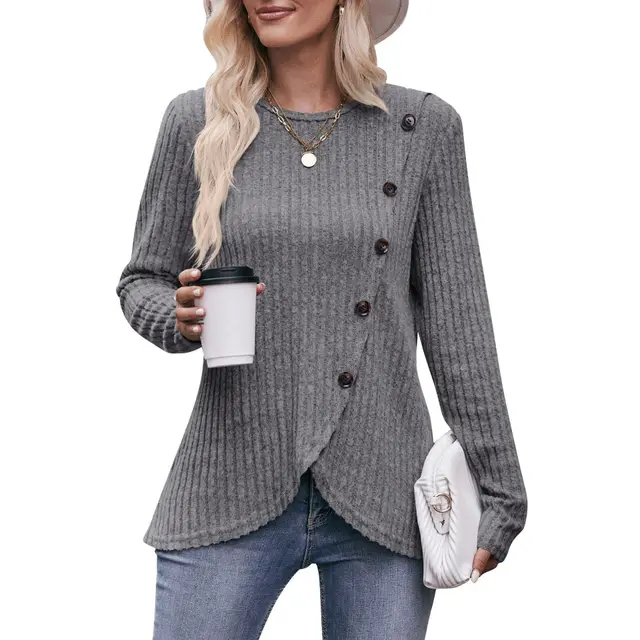 Women's Round neck Sunken Stripe Brushed Tulip Hem Solid Color Button T shirt Gray - Shop at LoveMi