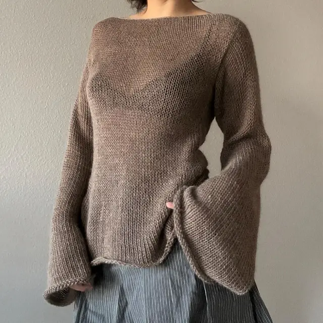 Casual Style Street Solid Color Loose Woolen Blouse Personality Hollow Out Backless Lace Up Bell Sleeve See through Top Brown - Shop at LoveMi