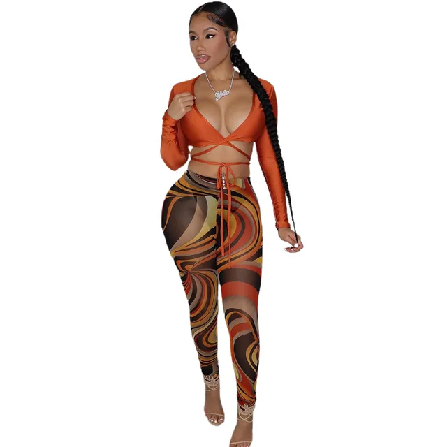 Mesh Floral Print Two piece Set Caramel - Shop at LoveMi