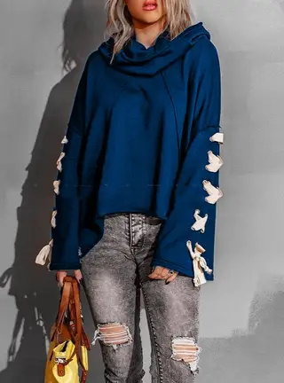 Ladies Autumn Winter Cotton Oversized Hooded Pile Collar Frayed Sweater - Royal Blue