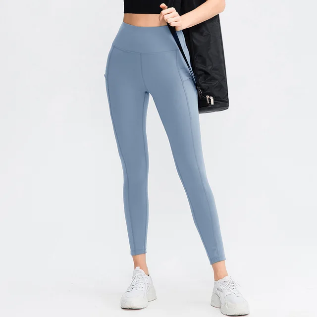 Double sided Sanding Nude Feel Yoga Pants Pocket High Waist Hip Lift Fitness Elastic Pants Green Blue - Shop at LoveMi