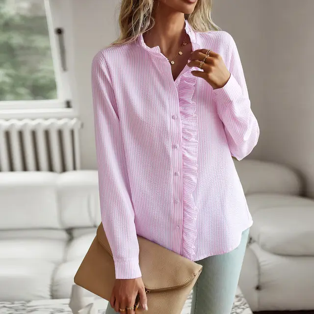 Striped Long Sleeve Shirt Fashion Ruffle Design Button Up Tops Casual Office Blouse Elegant Commuting Women's Clothing Pink - Shop at LoveMi