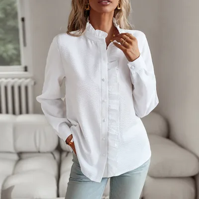 Striped Long Sleeve Shirt Fashion Ruffle Design Button Up Tops Casual Office Blouse Elegant Commuting Women's Clothing White - Shop at LoveMi