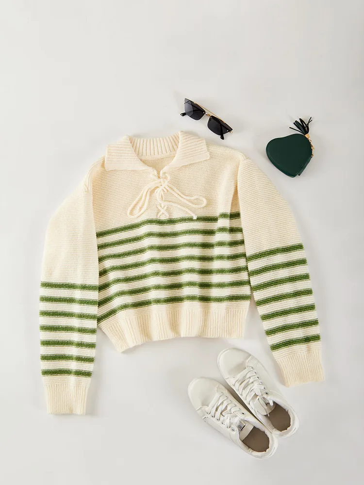 Women's Loose Casual Striped Lace up Sweater Picture Color Xs - Shop at LoveMi