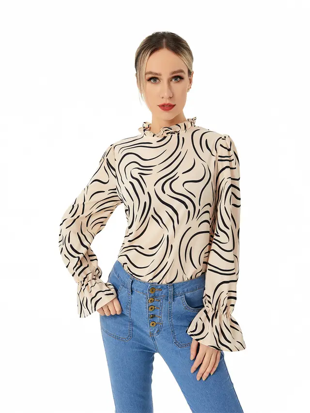 Ladies Graphic Casual Balloon Sleeve Shirt Apricot - Shop at LoveMi