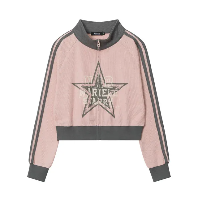 Five pointed Star Pink American Retro Three bar Sleeve Cardigan Stand Collar Sweater Pink - Shop at LoveMi