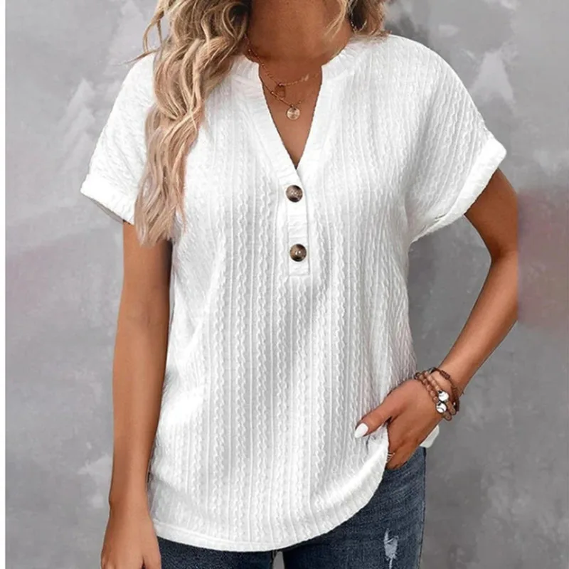 Women's Batwing Sleeve Solid Color And V-neck Button T-shirt - White