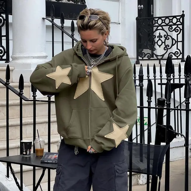 European And American Street Style Fashion Five pointed Star Patch Zipper Large Pocket Sweatshirt Autumn And Winter Leisure Coat Army Green - Shop at LoveMi