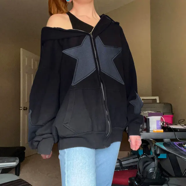 European And American Street Style Fashion Five pointed Star Patch Zipper Large Pocket Sweatshirt Autumn And Winter Leisure Coat Black - Shop at LoveMi