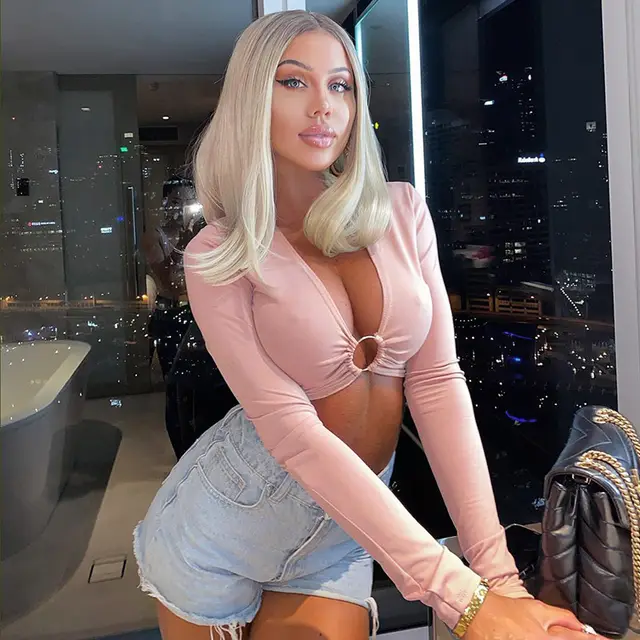 Ring Hollow Top Long Sleeve Deep V Shirt Pink - Shop at LoveMi