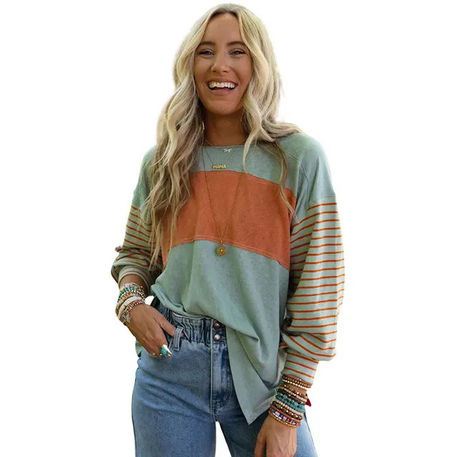 Women's Hoodie Casual Striped Color Matching Long sleeved Top Green - Shop at LoveMi
