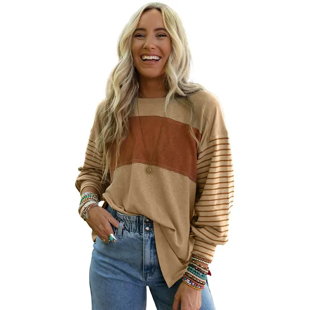 Women's Hoodie Casual Striped Color Matching Long sleeved Top Khaki - Shop at LoveMi