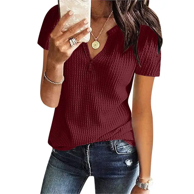 Women's Shirt V neck Fashion Short Sleeve Wine Red - Shop at LoveMi