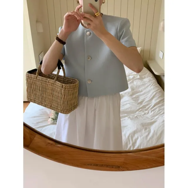 Summer Elegant Classic Style Round Neck Single breasted Loose Leisure All matching Puff Sleeve Short Coat For Women Blue - Shop at LoveMi