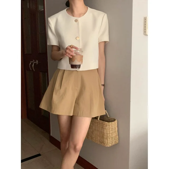 Summer Elegant Classic Style Round Neck Single breasted Loose Leisure All matching Puff Sleeve Short Coat For Women White - Shop at LoveMi