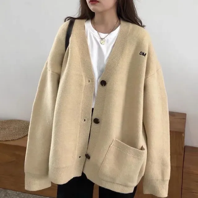 Women's Fashion Casual Solid Color Embroidery V neck Sweater Coat Apricot - Shop at LoveMi