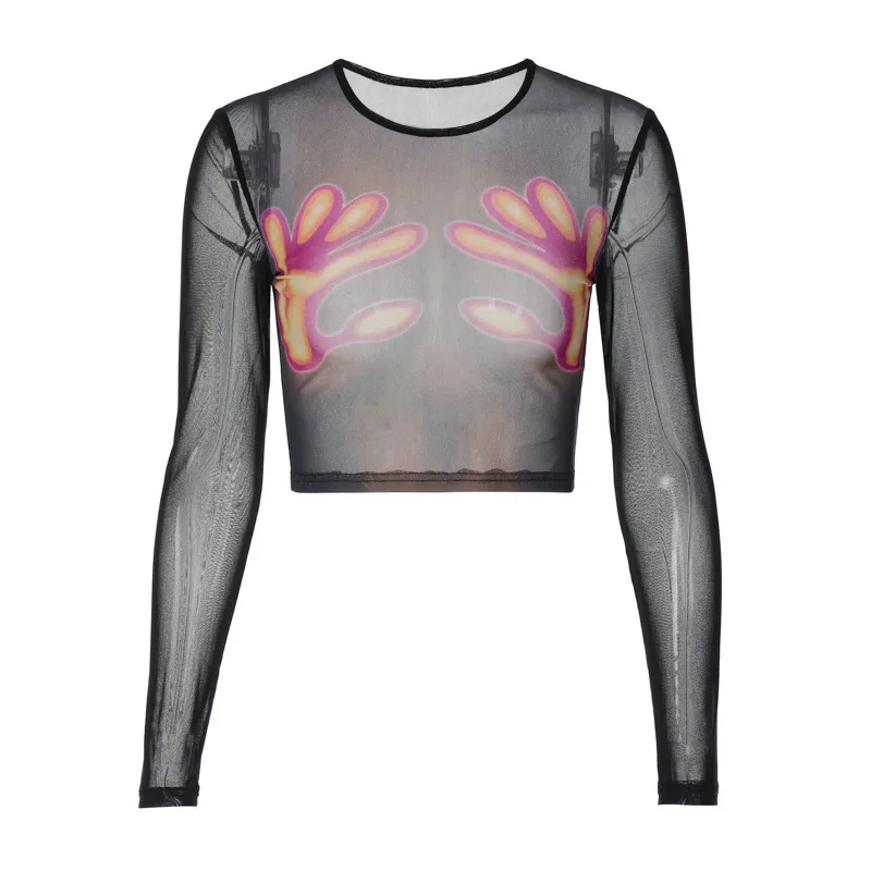 Printed Round Neck Long Sleeve See through Mesh T shirt Top Black - Shop at LoveMi