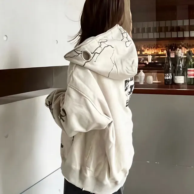 Women's Autumn And Winter Loose Design Sense Hoodie Coat Beige Thin Style 320G Weight - Shop at LoveMi