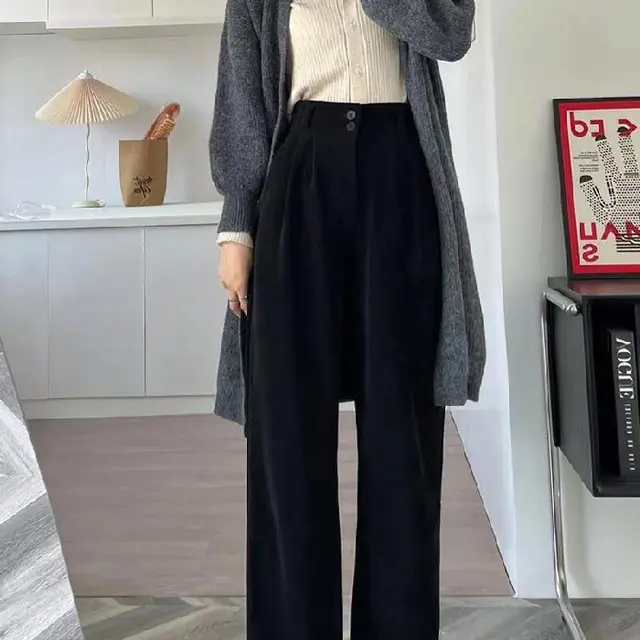 Wide leg Pants Draping Mop Brown Leisure Corduroy 8029 Black Regular - Shop at LoveMi