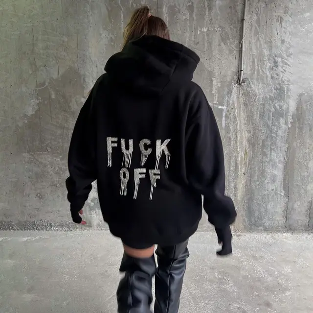 Women's Fashion Loose Letter Rhinestone Tassel Hooded Jacket Black - Shop at LoveMi
