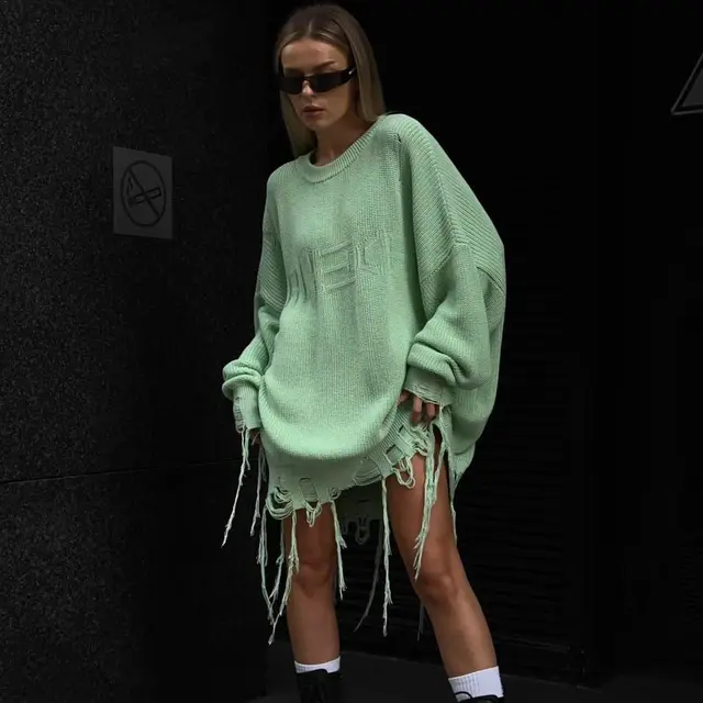 Women's Fashionable Loose All match Letter Hand Frayed Tassel Long Sleeve Top Matcha Green - Shop at LoveMi