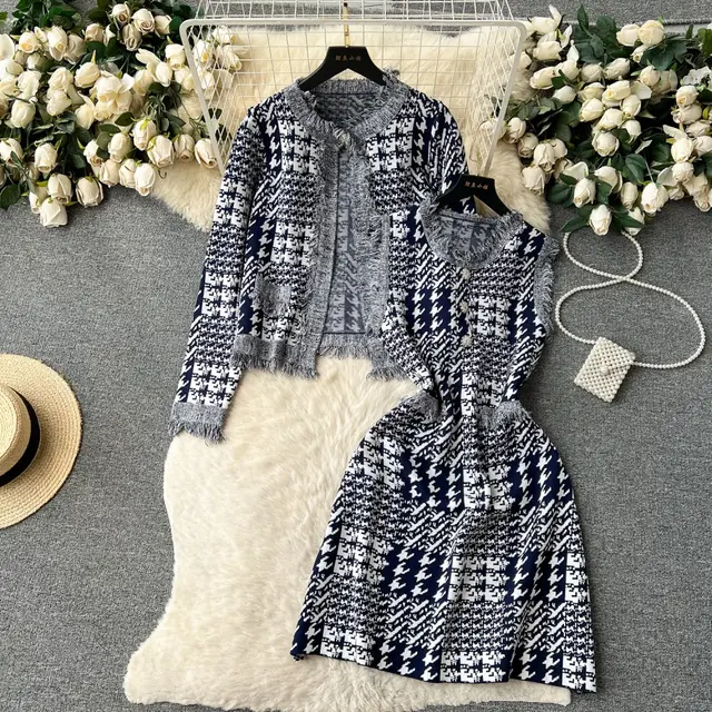 Raw Edges Design Long Sleeve Jacket Sleeveless Plaid Dress Suit Dark Blue - Shop at LoveMi