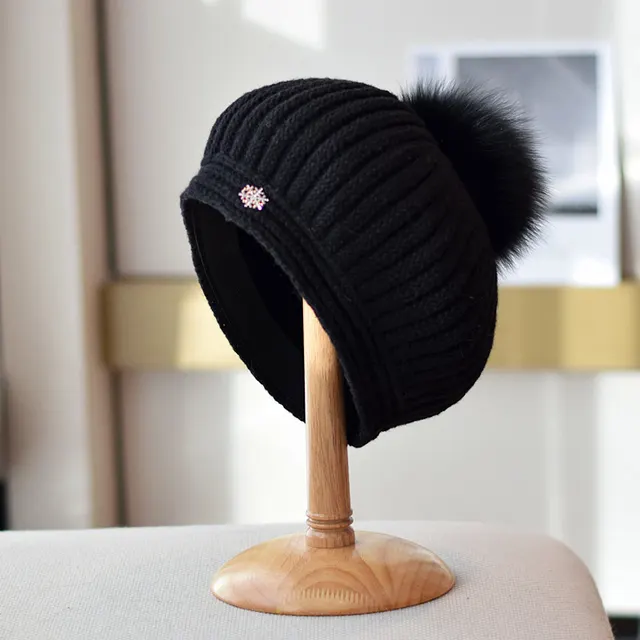 Fox Fur Ball Knitted Beret Women's Autumn And Winter All matching British Vintage Wool Painter Cap Black - Shop at LoveMi