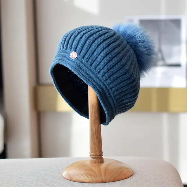Fox Fur Ball Knitted Beret Women's Autumn And Winter All matching British Vintage Wool Painter Cap Blue - Shop at LoveMi