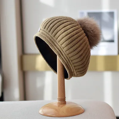 Fox Fur Ball Knitted Beret Women's Autumn And Winter All matching British Vintage Wool Painter Cap Khaki - Shop at LoveMi