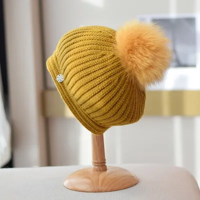 Fox Fur Ball Knitted Beret Women's Autumn And Winter All matching British Vintage Wool Painter Cap Yellow - Shop at LoveMi