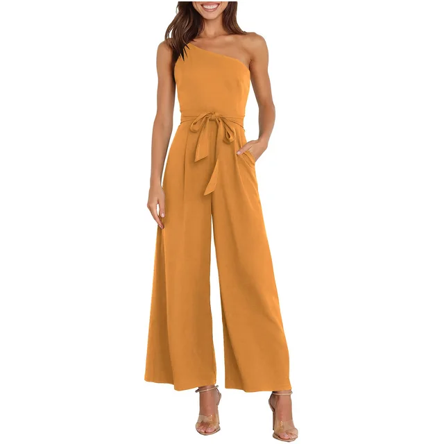 Temperament Commute Solid Color Lace up Jumpsuit For Women Ginger Yellow - Shop at LoveMi