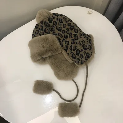 Leopard Print Knitted Earmuffs Hat Khaki - Shop at LoveMi