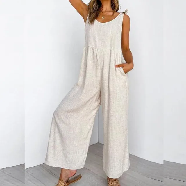Spring And Autumn European And American New Cotton And Linen Casual One piece Sleeveless Trousers Apricot - Shop at LoveMi