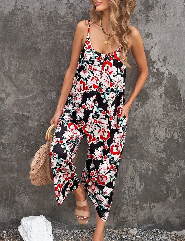 Women's Fashion Temperament Camisole Strap Printed Jumpsuit Red - Shop at LoveMi