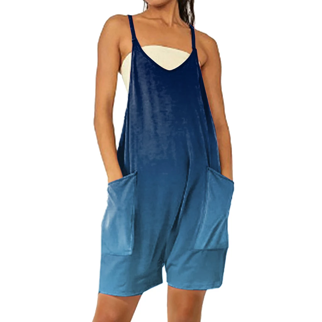 Women's Fashion Casual Printing Pocket Suspender Shorts Jumpsuit - L