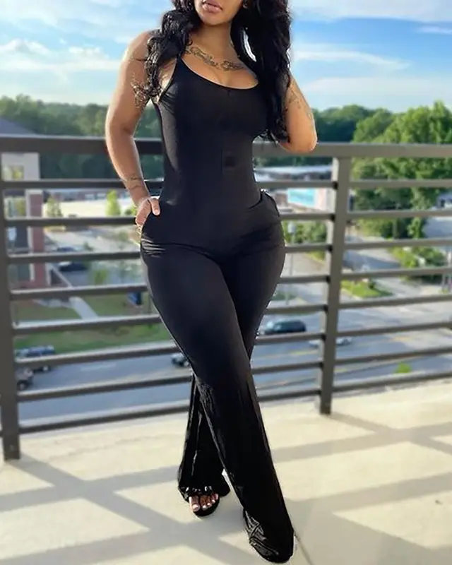 Women's Fashion Casual U neck Spaghetti Straps Sleeveless Pocket Jumpsuit Black - Shop at LoveMi