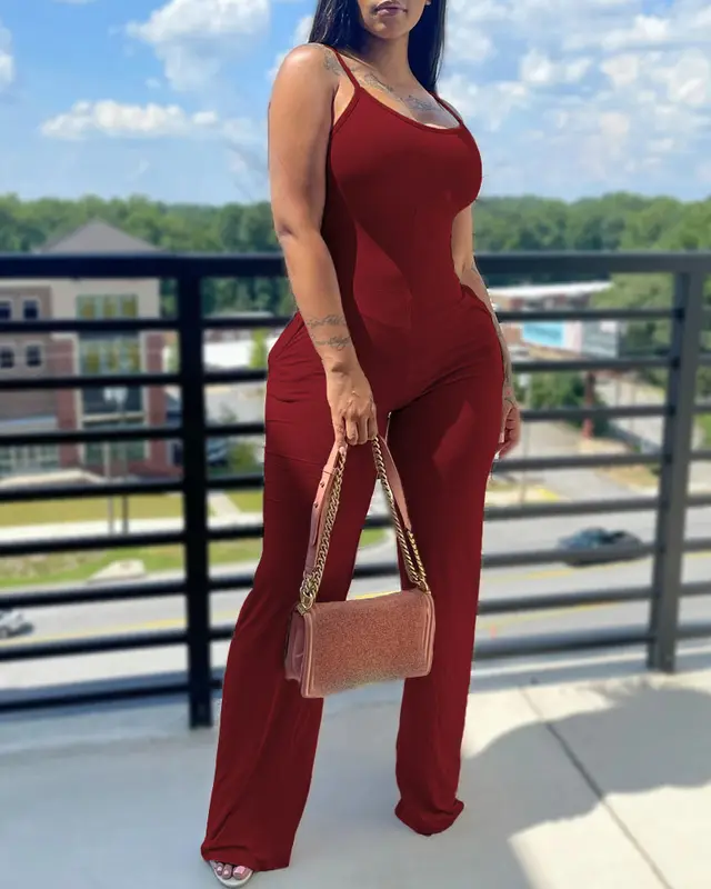 Women's Fashion Casual U neck Spaghetti Straps Sleeveless Pocket Jumpsuit Wine Red - Shop at LoveMi
