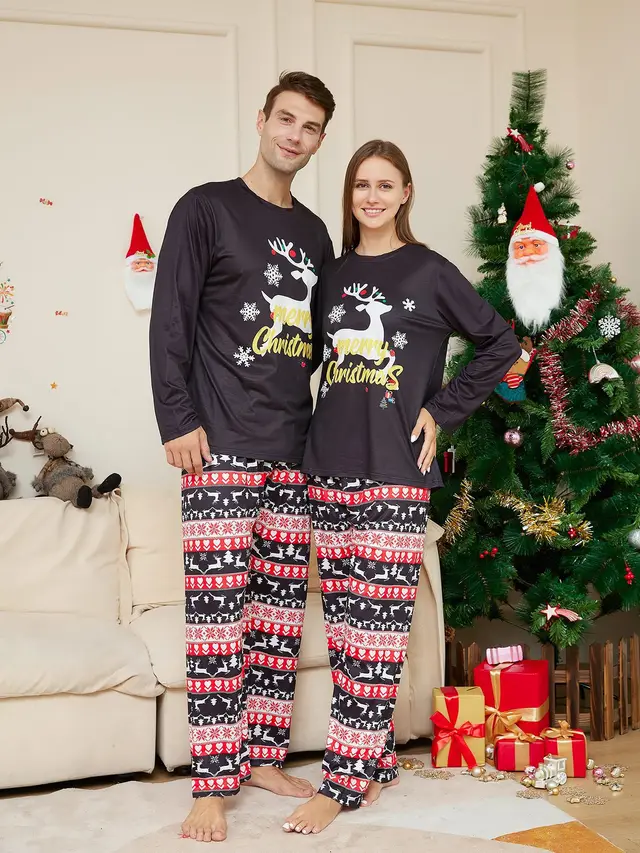 Christmas Cartoon Elk Letter Printing Round Neck Parent child Home Wear Suit Black - Shop at LoveMi