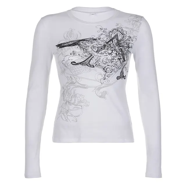 New Personalized Retro Printed Round Neck Long Sleeve T shirt For Women White - Shop at LoveMi