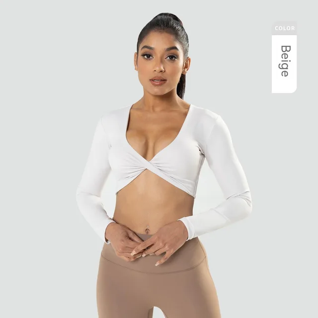 Women's Deep V neck Slim Fit Breathable Ins Style Yoga Clothes Short Top Beige - Shop at LoveMi