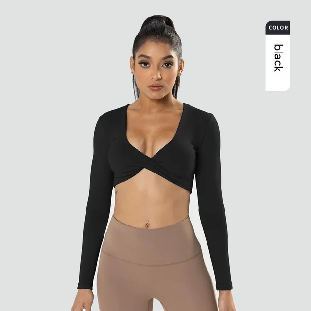 Women's Deep V neck Slim Fit Breathable Ins Style Yoga Clothes Short Top Black - Shop at LoveMi