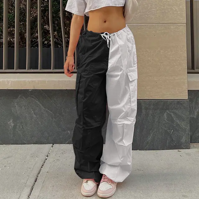 Women's Trousers Large Size Loose Contrast Color Mid Waist Black And White - Shop at LoveMi