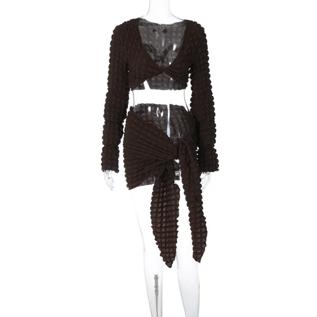 Low cut V neck Long Sleeve Top Knotted Short Hip Skirt Suit Brown - Shop at LoveMi