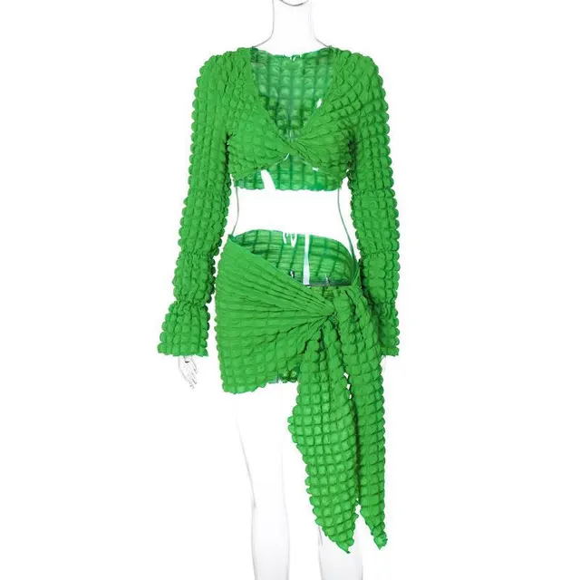 Low cut V neck Long Sleeve Top Knotted Short Hip Skirt Suit Green - Shop at LoveMi