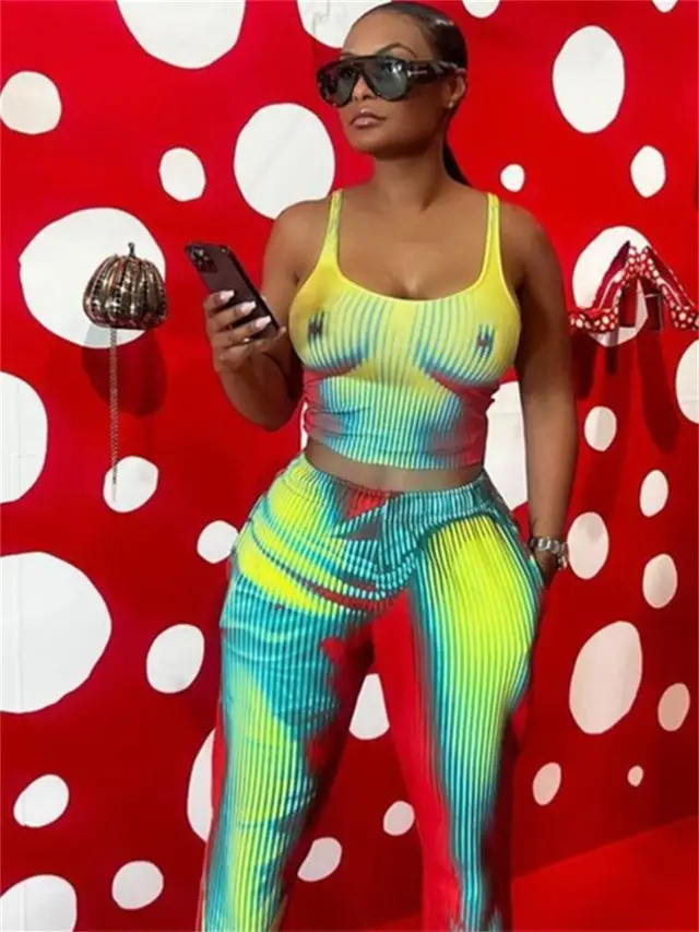 Printed Tight Women's Jumpsuit Slim Stretch Two piece Set Green - Shop at LoveMi